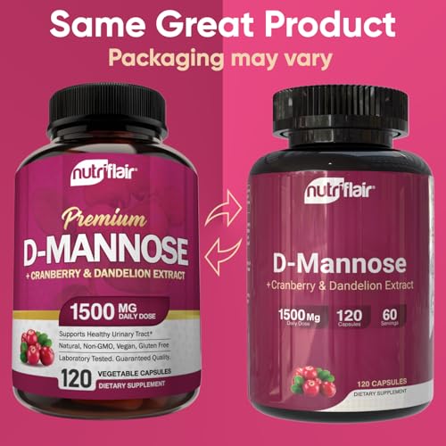 NutriFlair D-Mannose 1200mg - 120 Capsules with Cranberry & Dandelion Extract for Urinary Tract Health & UTI Support