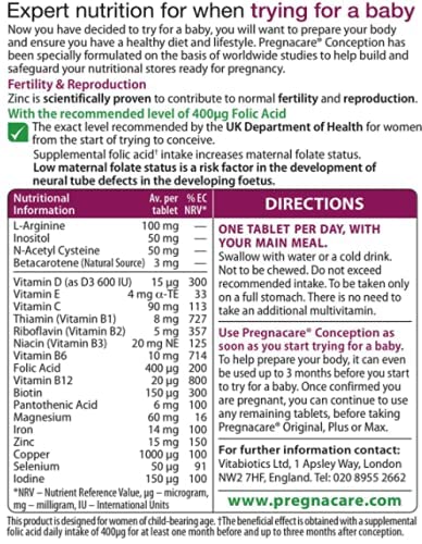 Centrum Vitabiotics Pregnacare Conception Tablets | Pack of 30 | Original UK Made | Prenatal Vitamins for Women