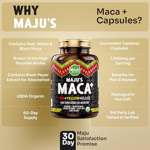 Maju Superfoods 4-in-1 Maca Root Capsules, Organic Peru Product with Black Pepper Extract for Enhanced Absorption, 60000mg Supplement (120 ct)