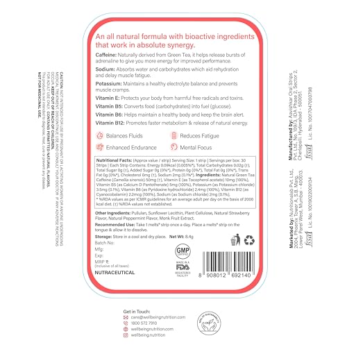 Melts Instant Energy Green Tea Caffeine Strips - Pre-Workout Boost 30 Thin Strips