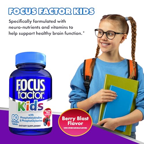 Focus Factor Kids Complete Daily Chewable Vitamins - Brain Function Support with B12, C, D3, 60 Count