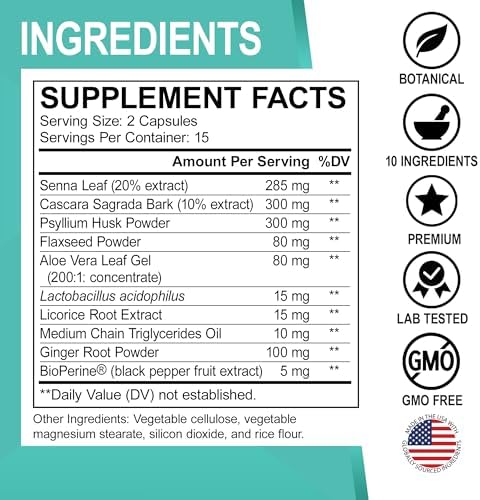 Colon Cleanser Detox for Weight Flush - 15 Day Colon Cleanse Pills with Ginger - Fast Natural Laxative, Constipation Relief, Bowel Movement Supplements for Intestinal Stomach Bloating Gut Loss Support