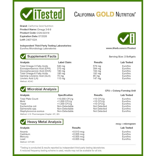 California Gold Nutrition Omega 3-6-9s - EPA, DHA & GLA | Lemon Flavor (180 Softgels)