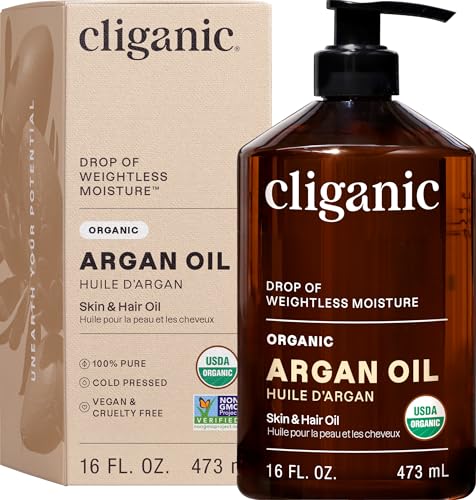 Cliganic 100% Pure Organic Argan Oil with Pump (16 oz) - Bulk for Hair, Face & Skin