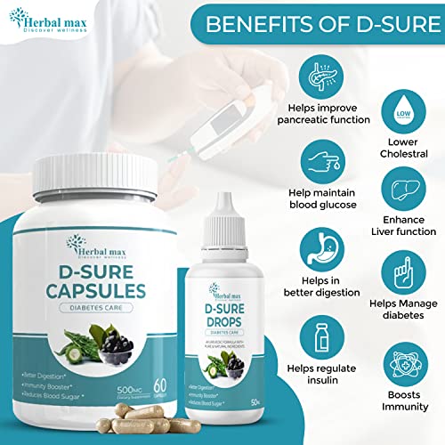 Herbal max D-Sure Diabetic Care Kit - Ayurvedic Capsules & Drops for Blood Sugar Support