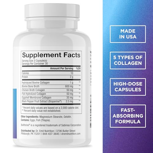 Multi Collagen Complex Capsules (Types I, II, III, V & X) - Grass-Fed Peptides (90 Caps)