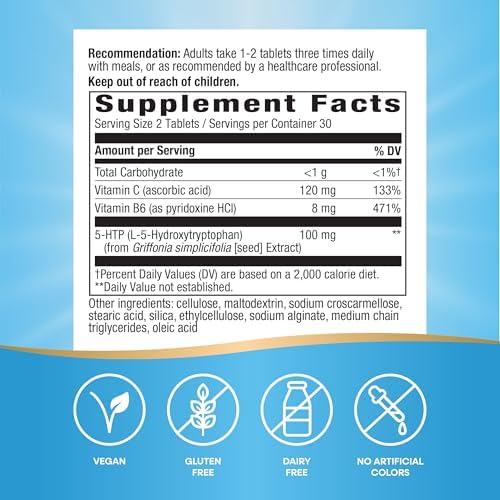 Nature's Way 5-HTP, Calms Nerves and Supports Appetite*, L-5-Hydroxytryptophan, Vitamins B6 & C, Griffonia Bean Extract 50 mg Per Tablet, 60 Count
