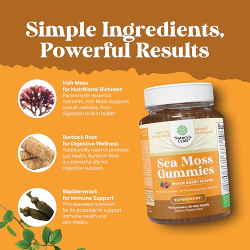 Sea Moss Gummies for Adults and Kids - Vegan Immune Support with Burdock Bladderwrack - 60 Count