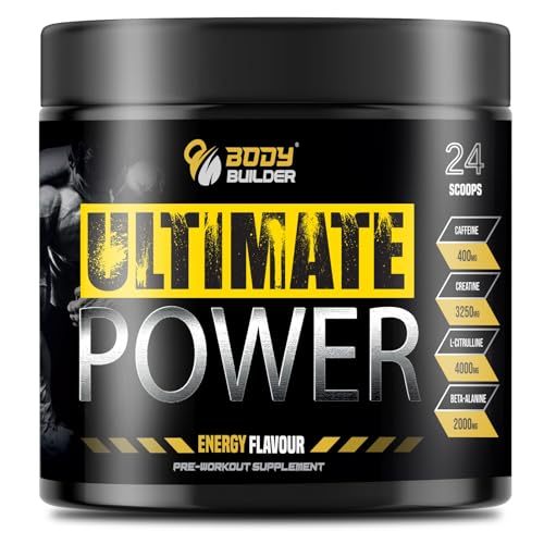 Body Builder Ultimate Power Pre-Workout - 4000mg L-Citrulline, 3250mg Creatine, 400mg Caffeine - Energy, Focus & Muscle Pump - Vegan, No Sugar (Energy Flavor, 48 Servings)