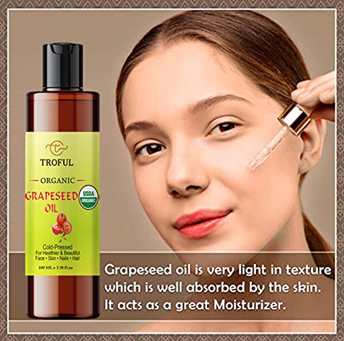 Organic Grapeseed Oil - 100% Pure Cold Pressed Natural Grape Seed Oil For Skin Face Body Hair Massage Anti-aging - Normal and Oily Skin (100ml)