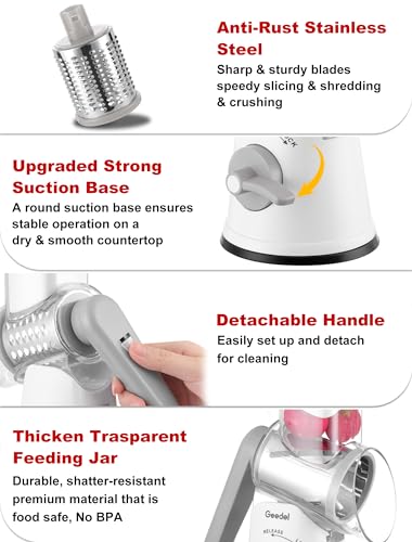 Geedel 5-in-1 Rotary Cheese Grater & Vegetable Shredder with Suction Base