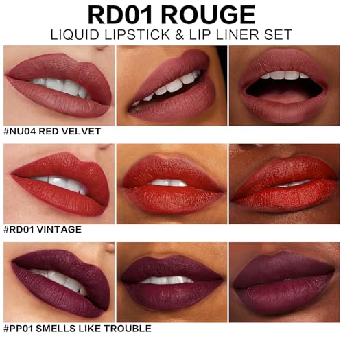 FOCALLURE KISSPROOF 6Pcs Liquid Lipstick & Lip Liner Set - Highly Pigmented Lip Gloss & Matte Lip Crayons with Sharpener - Rouge Lip Makeup Gift for Women