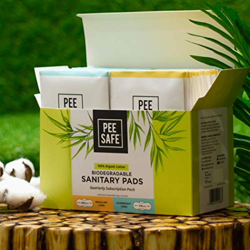 Pee Safe Organic Cotton Sanitary Pads - Biodegradable Quarterly Pack of 32 (14 Regular + 18 Overnight)