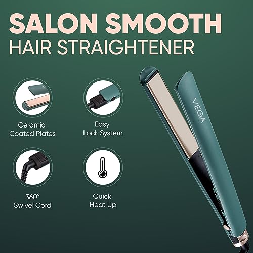 Vega Salon Smooth Ceramic Hair Straightener - Green, Travel-Friendly for Women
