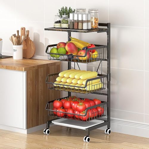 4-Tier Adjustable Fruit & Vegetable Kitchen Storage Cart with Wood Top & Wheels