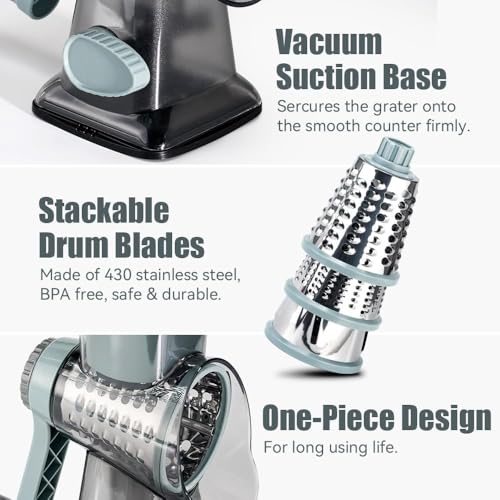 KEOUKE Rotary Cheese Grater & Vegetable Shredder - 3 Blades & Suction Base