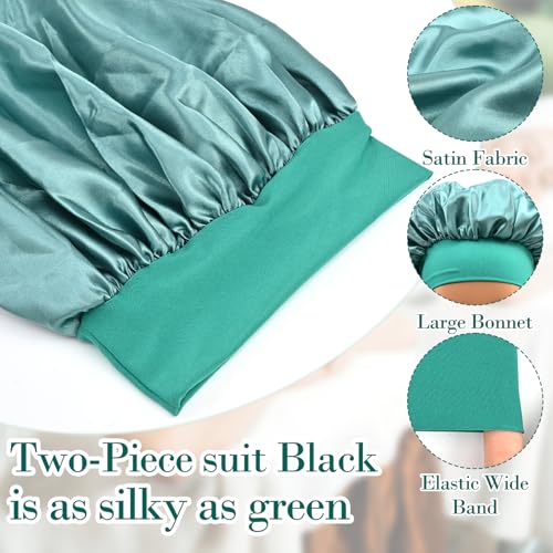 2 Pcs Silk Bonnet for Women - Curly Hair Shower Cap with Elastic Band (Green & Black)