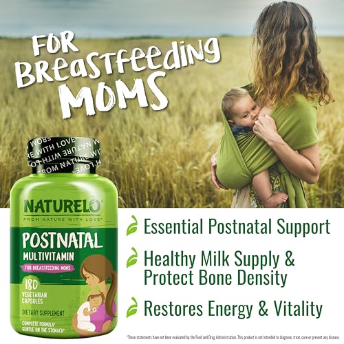 NATURELO Post Natal Multivitamin - Whole Food Postnatal Supplement for Breastfeeding Mothers - Organic Herbs to Boost Milk Supply - Vitamin D, Folate, Calcium - 180 Capsules