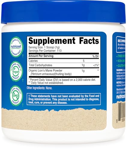 Nutricost Organic Lion's Mane Mushroom Powder 4oz - Certified USDA Organic