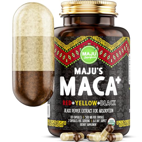 Maju Superfoods 4-in-1 Maca Root Capsules, Organic Peru Product with Black Pepper Extract for Enhanced Absorption, 60000mg Supplement (120 ct)
