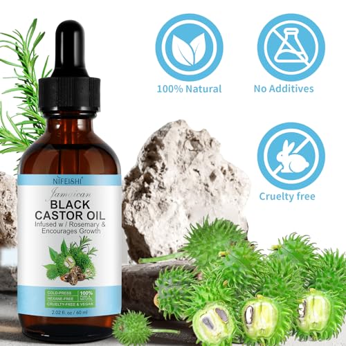 NIFEISHI Organic Castor Oil, Pure Natural Jamaican Black Castor Oil Infused with Rosemary, Cold Pressed Glass Bottles, Boost Hair Growth for Thicker, Fuller Hair, Eyelashes & Eyebrows 2.02 fl oz