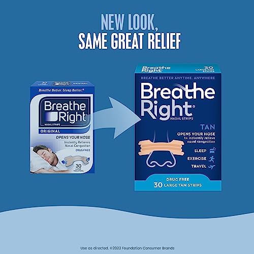 Breathe Right Original Nasal Strips, Large Tan, 30 Count - Drug-Free Snoring & Congestion Relief
