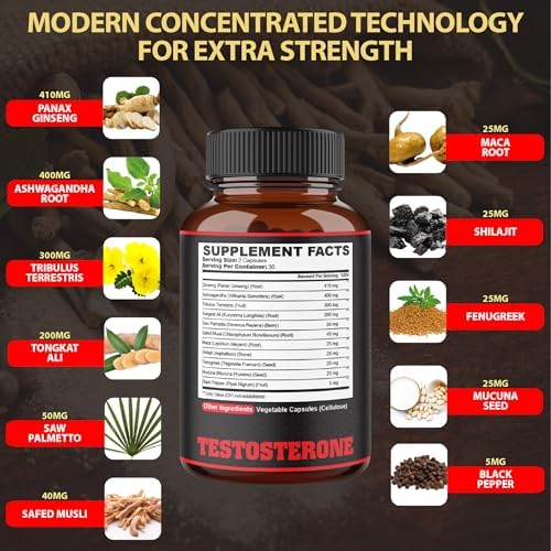 agobi Testosterone Supplement for Men - 11 Potent Herbs - Ashwagandha, Tribulus, Ginseng & More - 60 Capsules for 1 Month