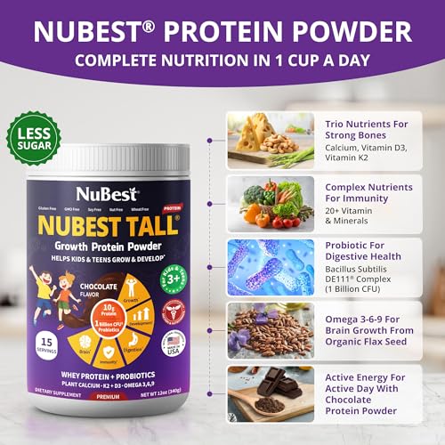 NuBest Tall Protein Powder for Kids & Teens - Chocolate Whey Protein with Probiotics, Omega 3-6-9, Vitamin D3 + K2 - 15 Servings