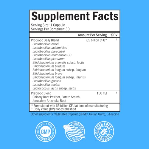 Probiotic 65 Billion - With Prebiotic for Women & Men | Digestive Health Capsules