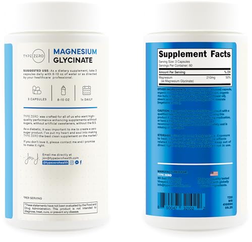 Type Zero Magnesium Glycinate (210mg | 180 Capsules) | Pure, Non-GMO, Gluten Free, High Absorption