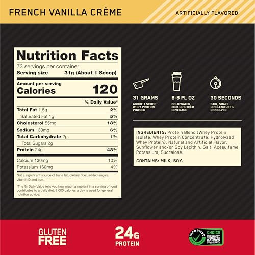 Optimum Nutrition Gold Standard 100% Whey Protein Powder - 24g Protein, Isolate Source, French Vanilla Creme - Muscle Support & Recovery