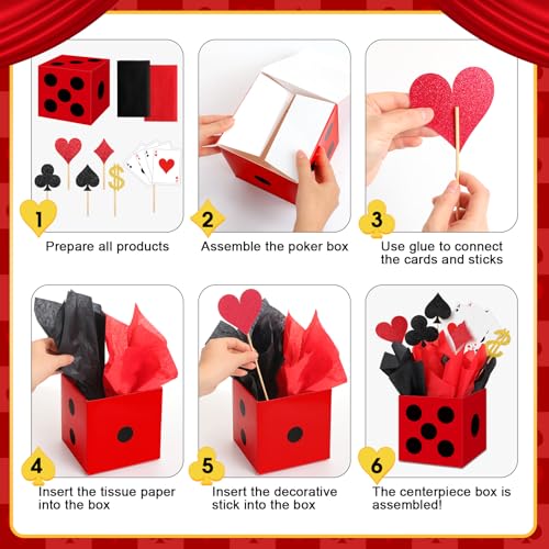 2 Set Casino Theme Party Decorations - 6x6x6 Inch Paper Poker Boxes with Centerpiece Sticks