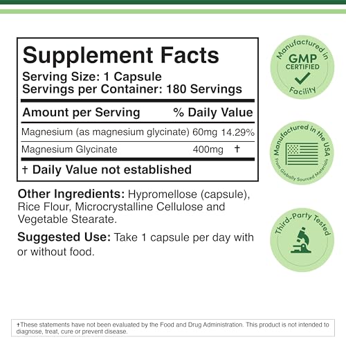 Double Wood Supplements Magnesium Glycinate 400mg - 180 Capsules - Vegan Safe, USA Made - High Absorption Formula