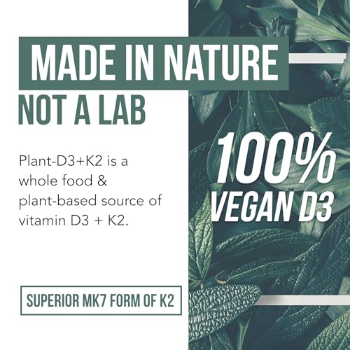Organic Plant D3 + K2 | 5000 IU D3 + 120 mcg K2 (MK7) | Vegan, Whole Food, Enhanced Digestion | 60 Count