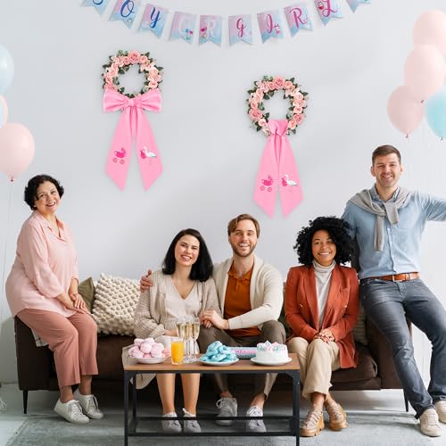 WATINC Pink Stork Baby Shower Wreath Sash - 2 Pcs Girl Gender Reveal Door Decor (56'' x 4.5'')