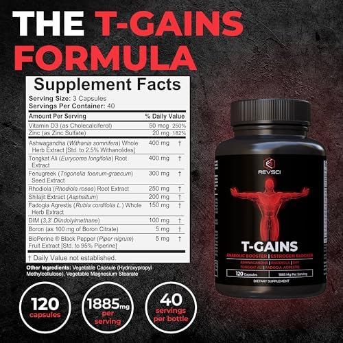 Anabolic Booster & Muscle Builder for Men, Total GAINS Muscle Growth & Estrogen Blocker for Men, Ashwagandha Shilajit for Men, Fadogia Agrestis Tongkat Ali for Men, HGH Supplements for Men, 120 Count