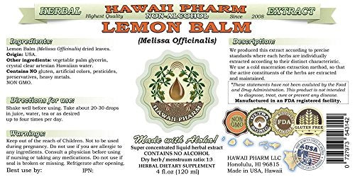 Hawaii Pharm Lemon Balm Liquid Extract - Alcohol-Free Dried Leaf Glycerite 2 oz