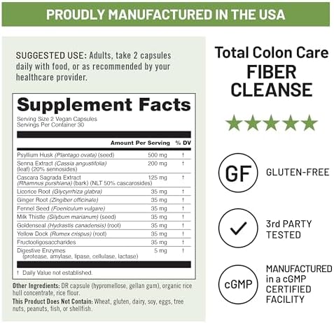 NatureWise Total Colon Care Fiber Cleanse with Herbal Laxatives, Prebiotics, & Digestive Enzymes for Healthy Elimination, Safe Digestion & Weight, Detox, & Gut Health [1 Month Supply - 60 Count]