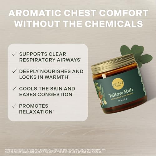 Betterbrand TallowRub Petroleum-Free Chest Rub 1.6oz - Natural Vapor Rub with Menthol & Eucalyptus for Congestion Relief