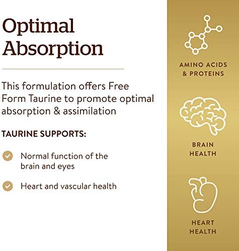 Solgar Taurine 500 mg, 250 Vegetable Capsules - Antioxidant - Brain & Heart Health - Amino Acid - Vegan, Gluten Free, Dairy Free, Kosher, Halal - 250 Servings