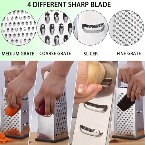 Stainless Steel 4-Sided Box Grater - 3 Hole Sizes for Cheese & Vegetables