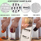 Stainless Steel 4-Sided Box Grater - 3 Hole Sizes for Cheese & Vegetables