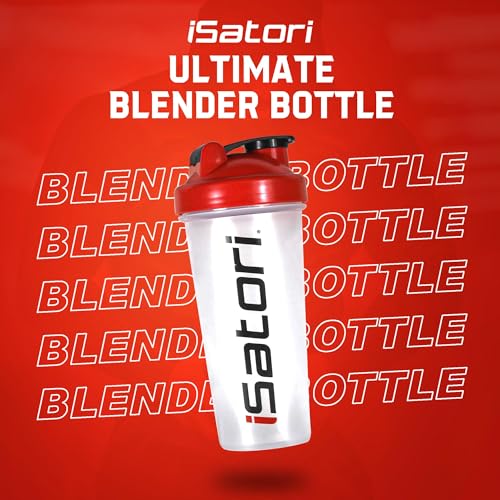 iSatori Classic Blender Bottle 28 oz with Stainless Steel Whisk Ball - Clear Bottle Red Top