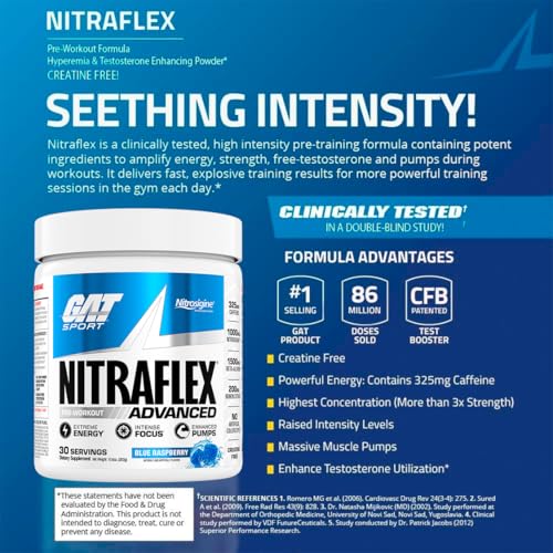 GAT Sport Nitraflex Pre-Workout Powder, Blue Raspberry, 300g