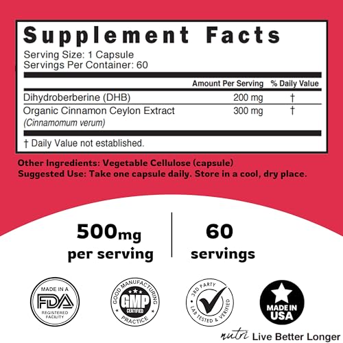 Dihydroberberine with Ceylon Cinnamon Supplement, 200mg per Capsule, 60 Capsules - 5X More Effective