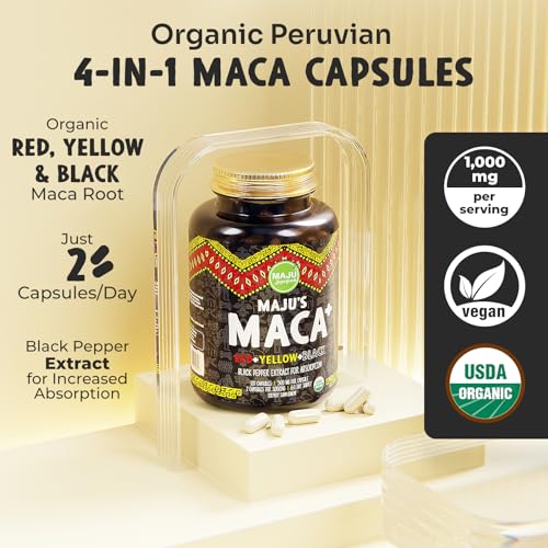 Maju Superfoods 4-in-1 Maca Root Capsules, Organic Peru Product with Black Pepper Extract for Enhanced Absorption, 60000mg Supplement (120 ct)