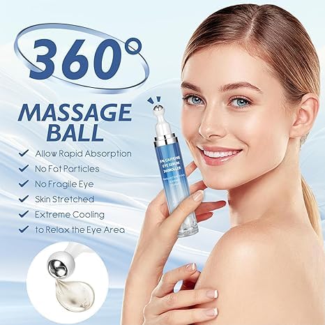 ALMEKAQUZ Caffeine Eye Cream for Dark Circles & Under-Eye Puffiness, 360° Massage Roller Ball, Morning Skincare