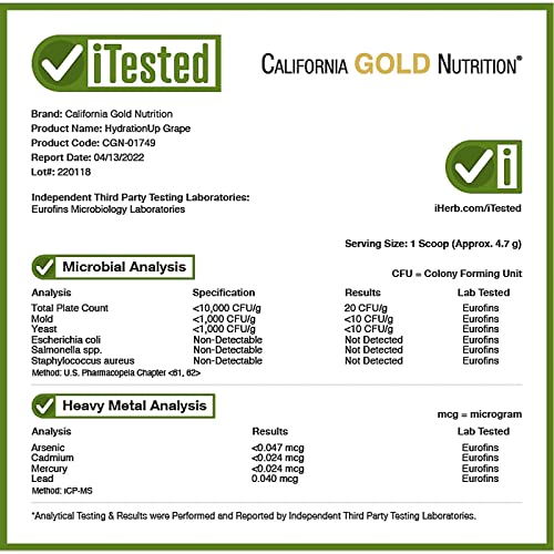 California Gold Nutrition HydrationUP® Electrolyte Drink Mix | Grape Flavor | Calcium, Potassium, Vitamin C & E | 8 oz (227 g)