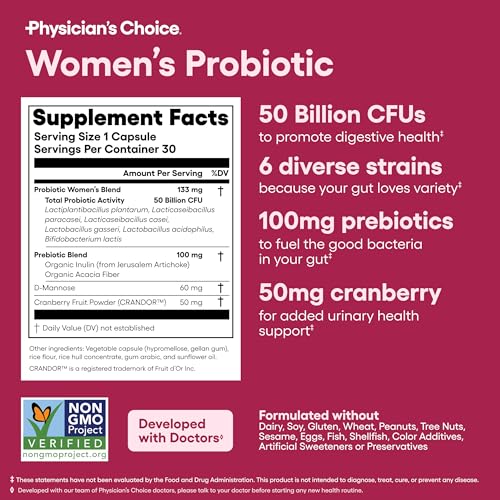Physician's Choice Pro Cran - 50 Billion CFU with D-Mannose & Cranberry - Women's Urinary & Digestive Health - 30 Capsules
