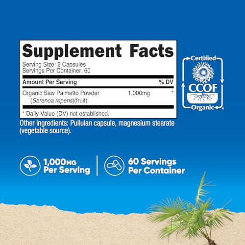 Organic Saw Palmetto Supplement 1000mg, 120 Vegetarian Capsules, Gluten Free